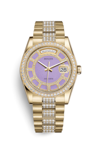 [118348-0195] Day-Date 36 Yellow Gold Diamonds / President Diamonds / Lavender Jade Carousel
