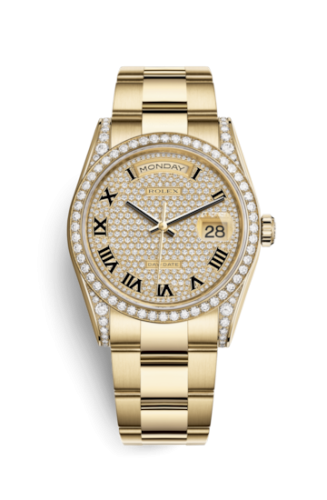 [118388-0192] Day-Date 36 Yellow Gold Fluted / Oyster / Paved