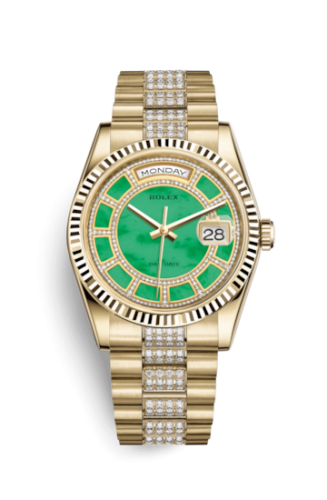 [118238-0436] Day-Date 36 Yellow Gold Fluted / President Diamonds / Green Jade Carousel