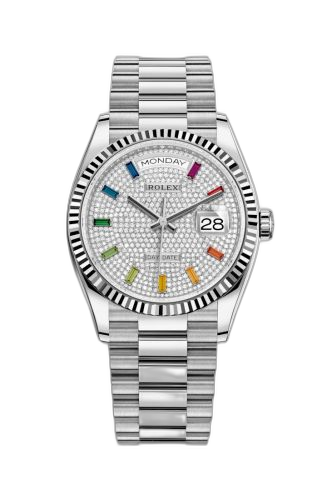 [128239-0019] Day-Date 36 White Gold / Fluted / Paved-Rainbow / President