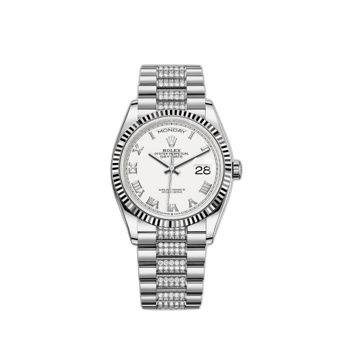 [128239-0039] Day-Date 36 White Gold Fluted / White - Roman / President - Diamond