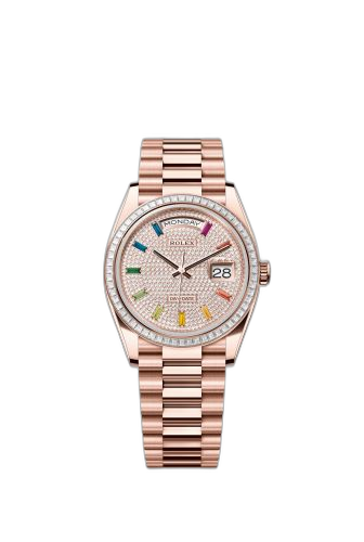 [128395TBR-0008 (aka: m128395tbr-0008)] Day-Date 36 Everose Gold - Baguette / Paved - Rainbow / President
