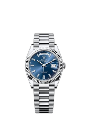 [128236-0023] Day-Date 36 Platinum - Fluted / Bright Blue - Baguette / President