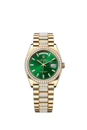 [128348RBR-0079 (aka: m128348rbr-0079)] Day-Date 36 Yellow Gold - Diamond / Bright Green - Baguette / President - Diamond