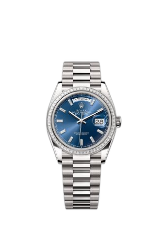 [128399TBR-0027 (aka: m128399tbr-0027)] Day-Date 36 White Gold - Baguette / Bright Blue - Baguette / President