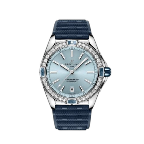 [A17356531C1S1] Super Chronomat 38 Stainless Steel / Ice Blue / Rubber Rouleaux