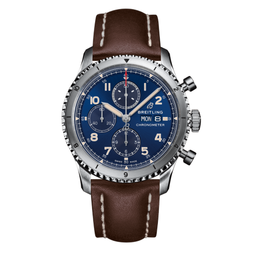 [A13316101C1X4] Aviator 8 Chronograph 43 Stainless Steel / Blue / Calf / Folding