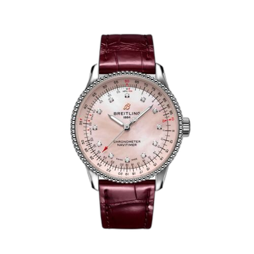[A173951A1K1P1] Navitimer 1 35 Automatic Stainless Steel / Pink MOP / eComm / Croco