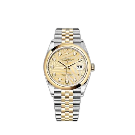 [126203-0043] Datejust 36 Stainless Steel - Yellow Gold - Domed / Champagne - Palm - Diamond / Jubilee