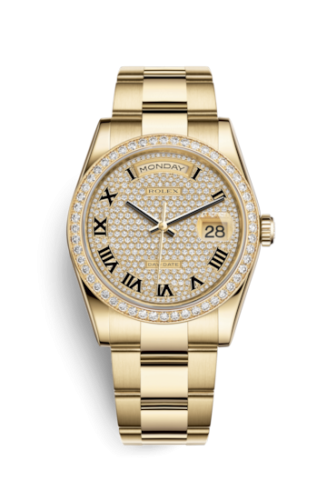 [118348-0226] Day-Date 36 Yellow Gold Diamonds / Oyster / Paved Roman