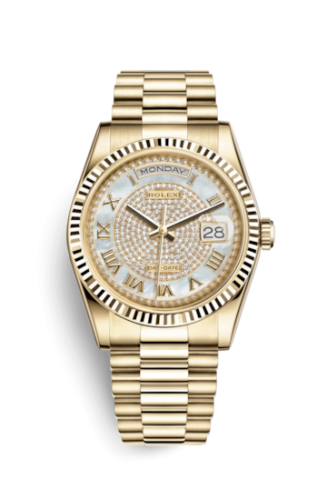 [118238-0123] Day-Date 36 Yellow Gold Fluted / President Diamond / Paved Roman