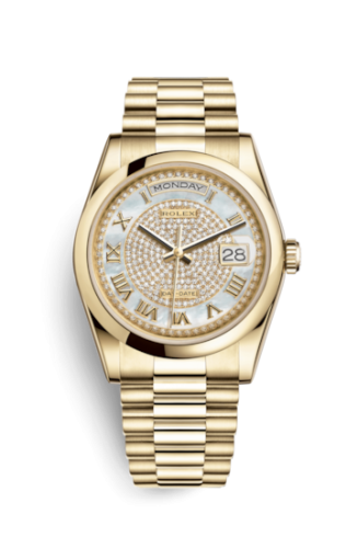 [118208-0313] Day-Date 36 Yellow Gold Domed / President / Paved Roman