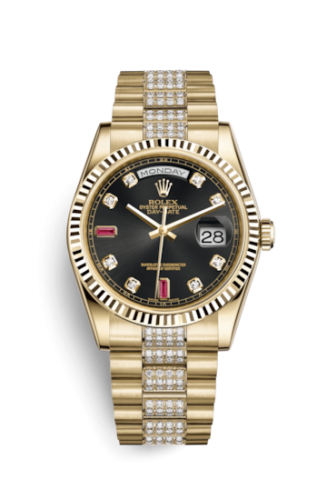 [118238-0405] Day-Date 36 Yellow Gold Fluted / President Diamonds / Black Diamonds Rubies