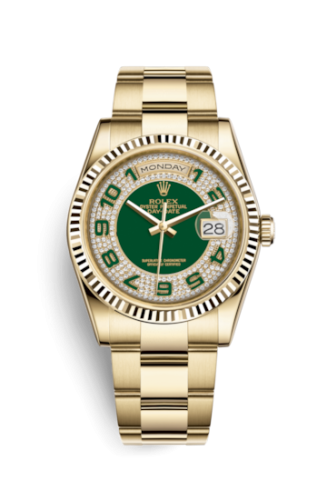 [118238-0473] Day-Date 36 Yellow Gold Domed / Oyster / Green Paved