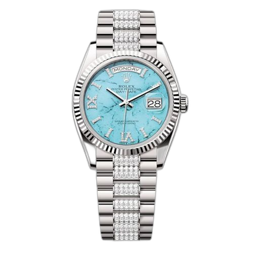 [128239-0045] Day-Date 36 White Gold - Fluted / Turquoise / President - Diamond