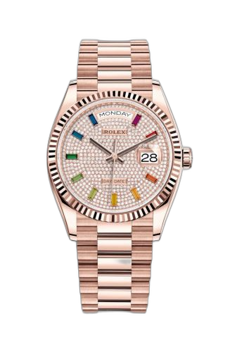 [128235-0039 (aka: M128235-0039)] Day-Date 36 Everose Gold / Fluted / Paved-Rainbow / President