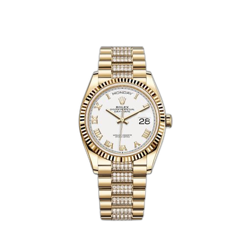 [128238-0077 (aka: M128238-0077)] Day-Date 36 Yellow Gold / Fluted / White - Roman / President - Diamond