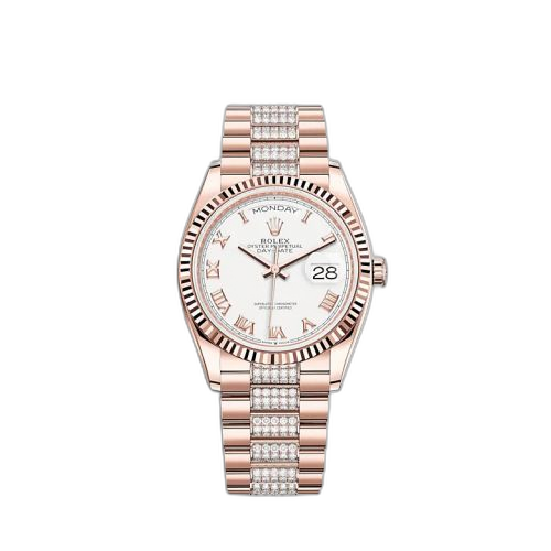 [128235-0053 (aka: M128235-0053)] Day-Date 36 Everose Gold / Fluted / White - Roman / President-Diamond
