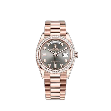 [128345RBR-0052 (aka: M128345RBR-0052)] Day-Date 36 Everose Gold - Diamond / Slate - Diamond / President