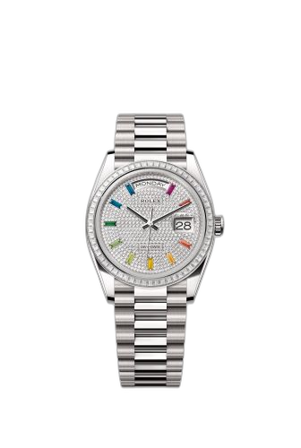 [128399TBR-0005 (aka: m128399tbr-0005)] Day-Date 36 Whtie Gold - Baguette / Paved - Rainbow / President