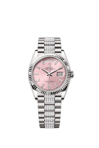 [28239-0072] Day-Date 36 White Gold - Fluted / Pink - Baguette / President - Diamond