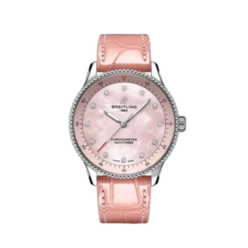 [A77320D91K1P1] Navitimer Quartz 32 Stainless Steel / Pink MOP / Croco / Pin