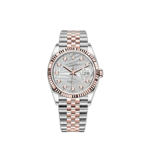 [126231-0037] Datejust 36 Stainless Steel / Everose / Fluted / Silver - Palm - Diamond / Jubilee