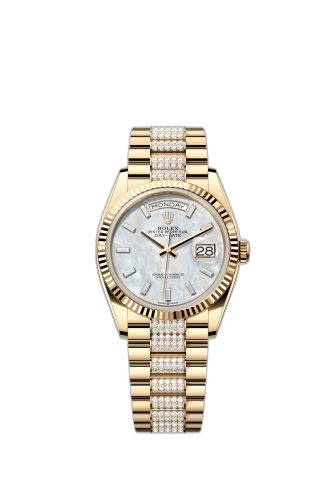 [128238-0124 (aka: M128238-0124)] Day-Date 36 Yellow Gold / Fluted / MOP - Baguette / President - Diamond