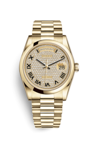 [118208-0214] Day-Date 36 Yellow Gold Domed / President / Paved Roman