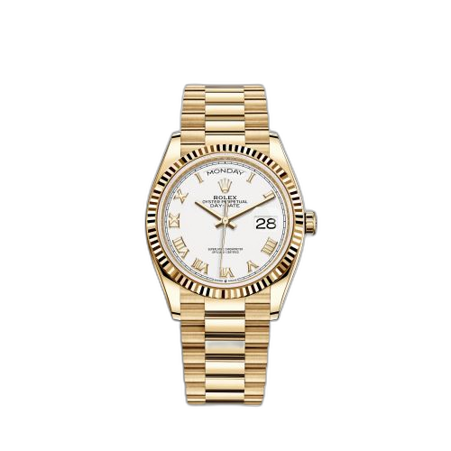 [128238-0076 (aka: M128238-0076)] Day-Date 36 Yellow Gold / Fluted / White - Roman / President