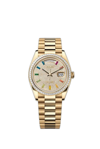 [128398TBR-0012 (aka: m128398tbr-0012)] Day-Date 36 Yellow Gold - Baguette / Paved - Rainbow / President