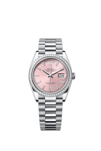 [128396TBR-0025 (aka: M128396TBR-0025)] Day-Date 36 Platinum - Baguette / Pink - Baguette / President