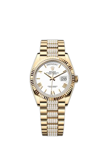 [128238-0114] Day-Date 36 Yellow Gold / Fluted / White - Roman / President - Diamond