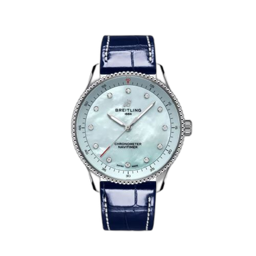 [A77320171C1P1] Navitimer Quartz 32 Stainless Steel / Blue MOP / Croco / Pin