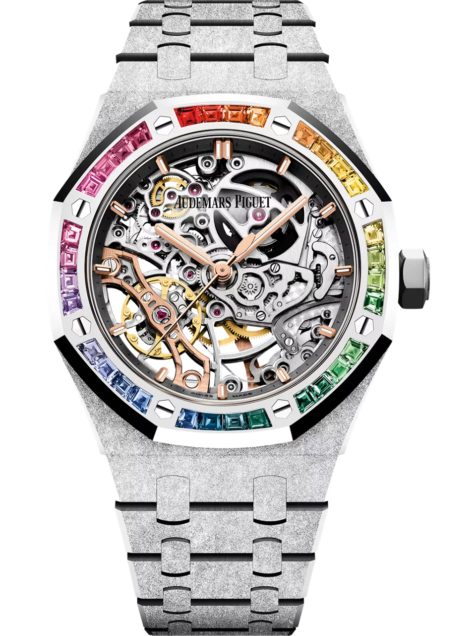 [15468BC.YG.1259BC.01-B] Royal Oak 37 Double Balance Wheel Openworked Frosted White Gold / Rainbow