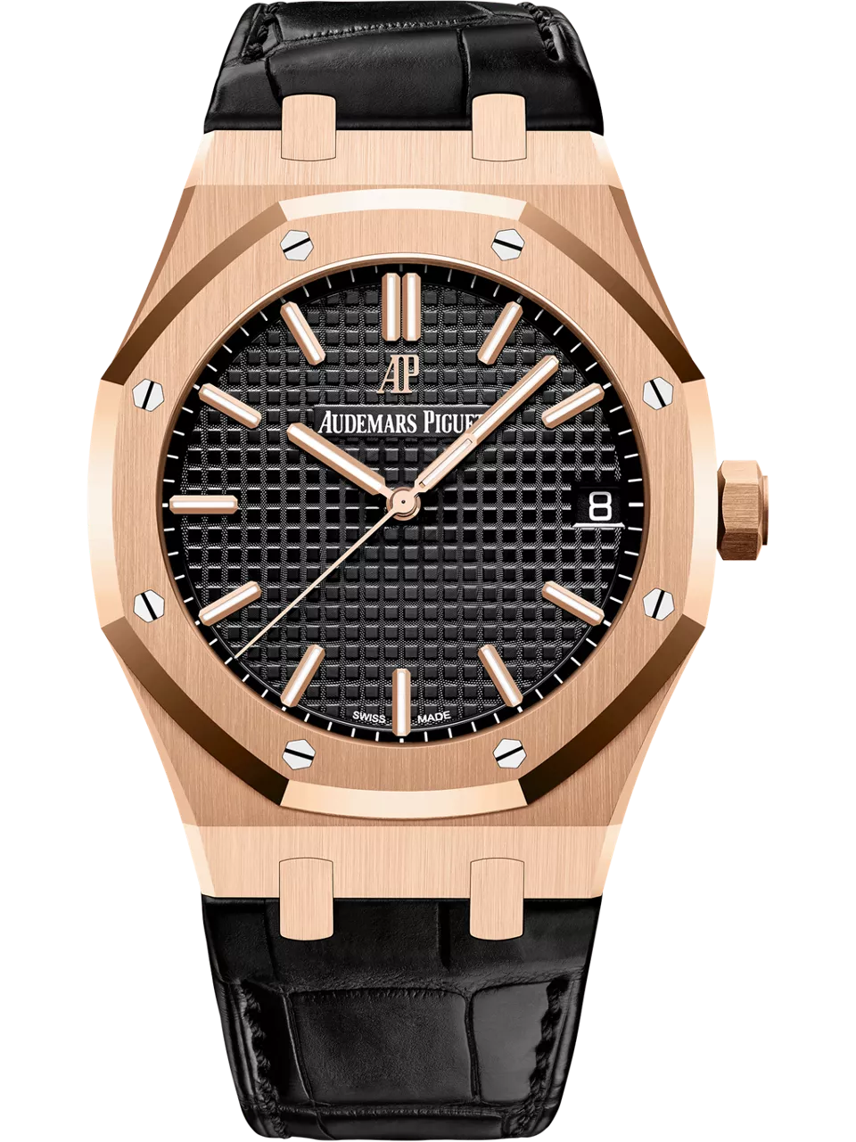 [15500OR.OO.D002CR.01] Royal Oak 15500 Pink Gold / Black / Strap