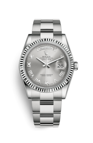 [118239-0145] Day-Date 36 White Gold Fluted / Oyster / Grey Roman