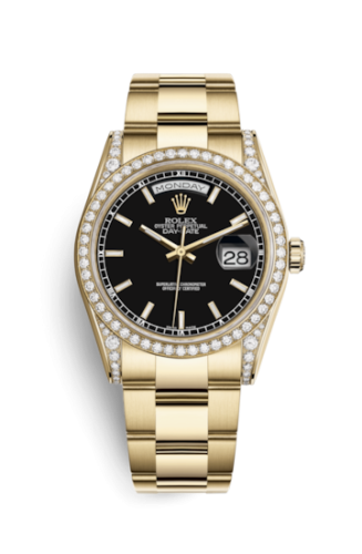 [118388-0190] Day-Date 36 Yellow Gold Diamonds / Oyster / Black Diamonds Rubies