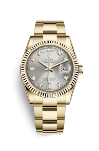 [118238-0163] Day-Date 36 Yellow Gold Fluted / Oyster / Silver Diamonds
