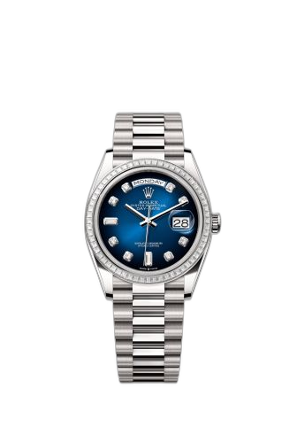 [128399TBR-0007 (aka: m128399tbr-0007)] Day-Date 36 White Gold - Baguette / Blue Ombré - Diamond / President