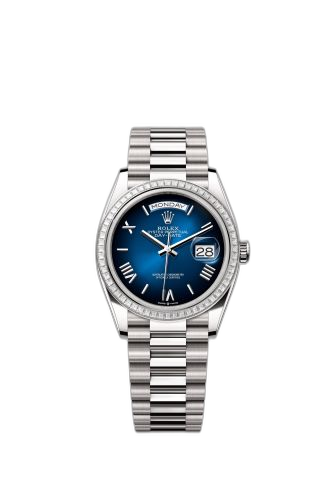 [128399TBR-0021 (aka: m128399tbr-0021)] Day-Date 36 White Gold - Baguette / Blue Ombré - Roman / President