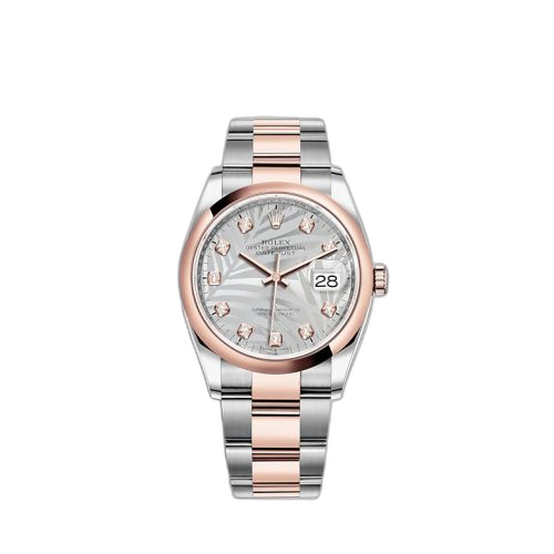 [126201-0038] Datejust 36 Stainless Steel / Everose / Domed / Silver - Palm - Diamond / Oyster