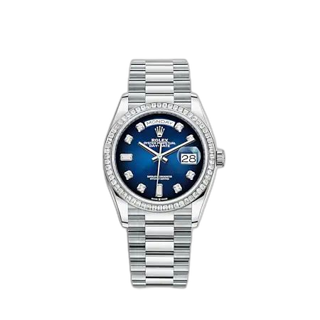 [128396TBR-0008 (aka: M128396TBR-0008)] Day-Date 36 Platinum - Baguette / Blue Ombré / President