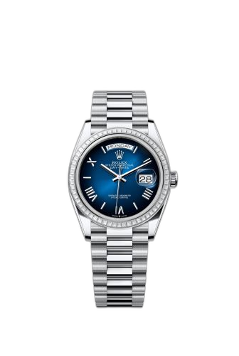 [128396TBR-0021 (aka: m128396tbr-0021)] Day-Date 36 Platinum - Baguette / Blue Ombré - Roman / President