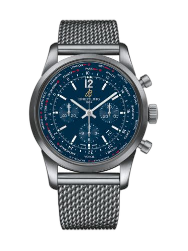 [AB0510U9.C879.159A] Transocean Chronograph Unitime Pilot Stainless Steel / Blue / Milanese