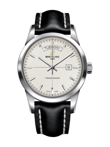 [A4531012/G751/436X/A20D.1] Transocean Day & Date Stainless Steel / Silver / Calf / Folding