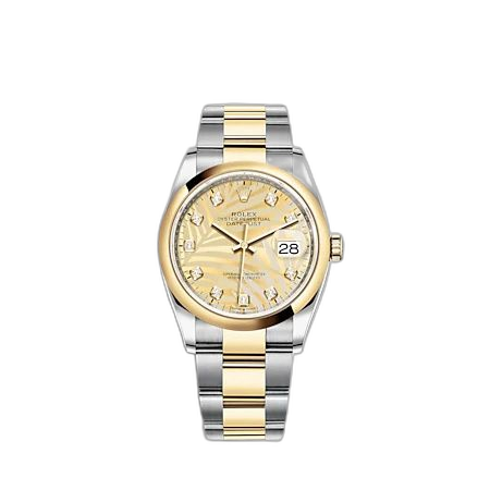 [126203-0044] Datejust 36 Stainless Steel - Yellow Gold - Domed / Champagne - Palm - Diamond / Oyster