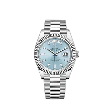 [228236-0006 (aka: M228236-0006)] Day-Date 40 Platinum - Fluted / Ice Blue - Baguette