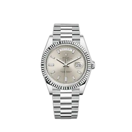[228236-0002 (aka: M228236-0002)] Day-Date 40 Platinum - Fluted / Silver - Baguette
