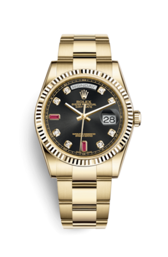 [118238-0396] Day-Date 36 Yellow Gold Fluted / Oyster / Black Diamonds Rubies